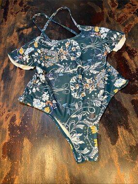 Floral Navy One-Piece Swimsuit with Yellow Accents